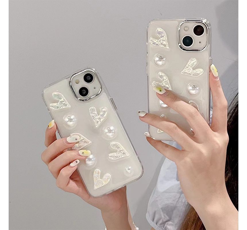 Heart Faux Pearl Phone Case - iPhone 14 Pro Max / 14 Pro / 14 Max / 14 / 13 Pro Max / 13 Pro / 13 / 13 mini / 12 Pro Max / 12 Pro / 12 / 12 mini / 11 Pro Max / 11 Pro / 11 / SE / XS Max / XS / XR / X / 8 / 8 Plus / 7 / 7 Plus