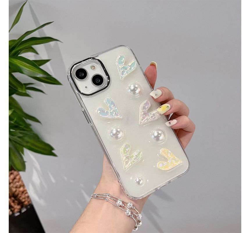 Heart Faux Pearl Phone Case - iPhone 14 Pro Max / 14 Pro / 14 Max / 14 / 13 Pro Max / 13 Pro / 13 / 13 mini / 12 Pro Max / 12 Pro / 12 / 12 mini / 11 Pro Max / 11 Pro / 11 / SE / XS Max / XS / XR / X / 8 / 8 Plus / 7 / 7 Plus