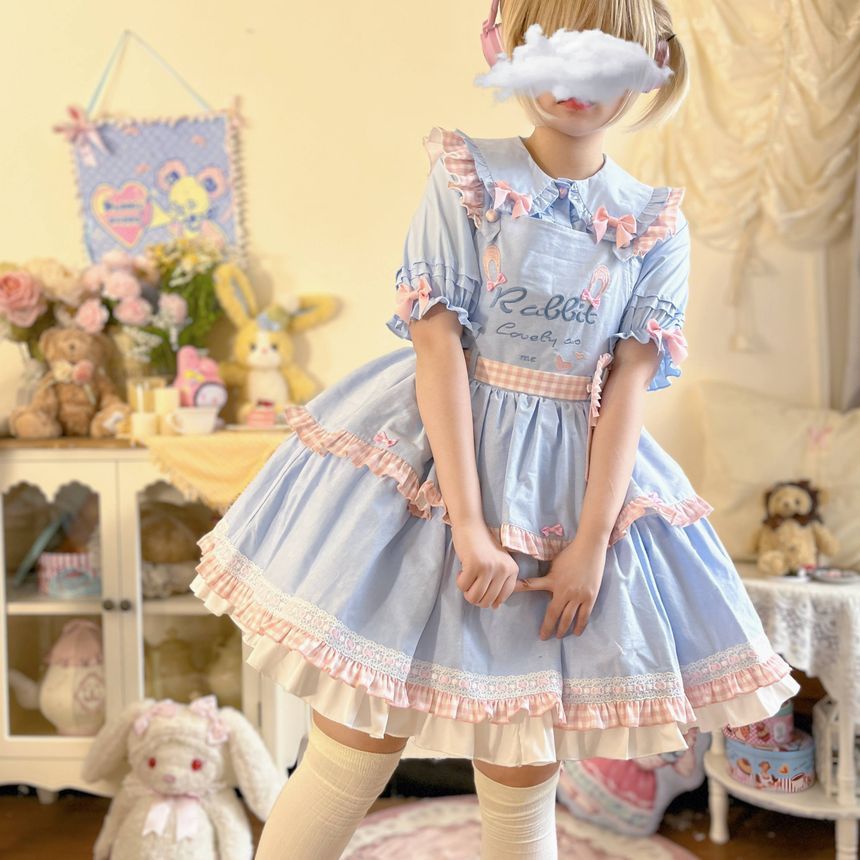 Puff-Sleeve Rabbit Ear Collar Heart Applique Gingham Ruffle Blouse