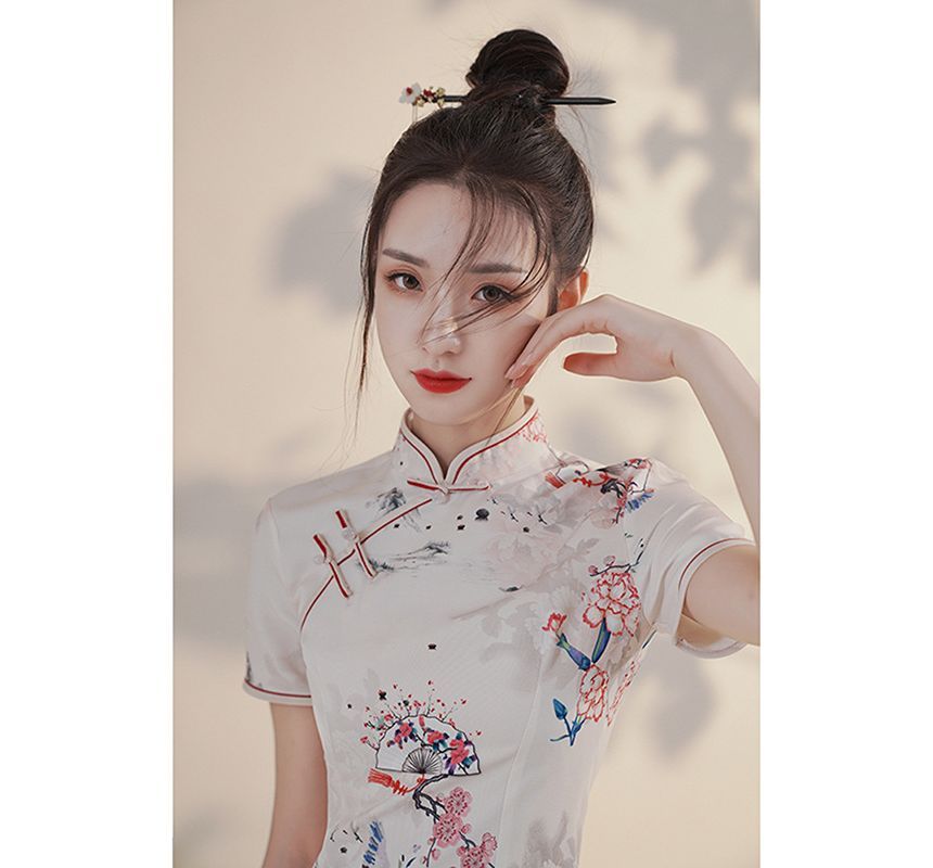 Short-Sleeve Crane Mini Qipao