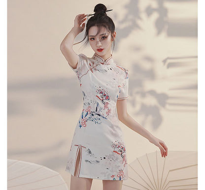 Short-Sleeve Crane Mini Qipao