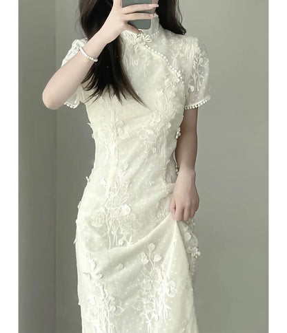 Short-Sleeve Floral Lace Qipao