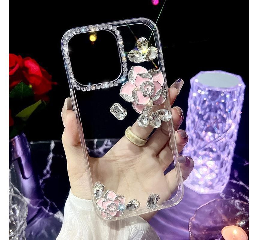 Floral Rhinestone Transparent Phone Case - iPhone 14 Pro Max / 14 Pro / 14 Max / 14 / 13 Pro Max / 13 Pro / 13 / 13 mini / 12 Pro Max / 12 Pro / 12 / 12 mini / 11 Pro Max / 11 Pro / 11 / SE / XS Max / XS / XR / X / 8 / 8 Plus / 7 / 7 Plus