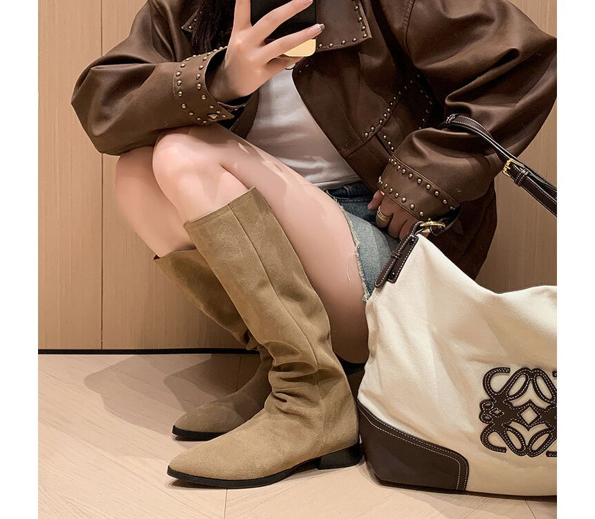 Block Heel Pointed Toe Genuine Leather Tall Boots