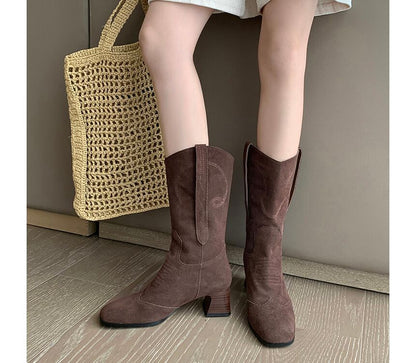 Block Heel Pointed Toe Embroidered Genuine Leather Mid-Calf Boots