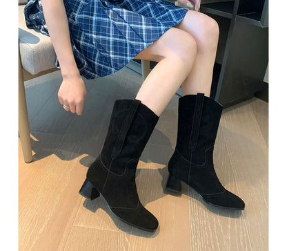 Block Heel Pointed Toe Embroidered Genuine Leather Mid-Calf Boots