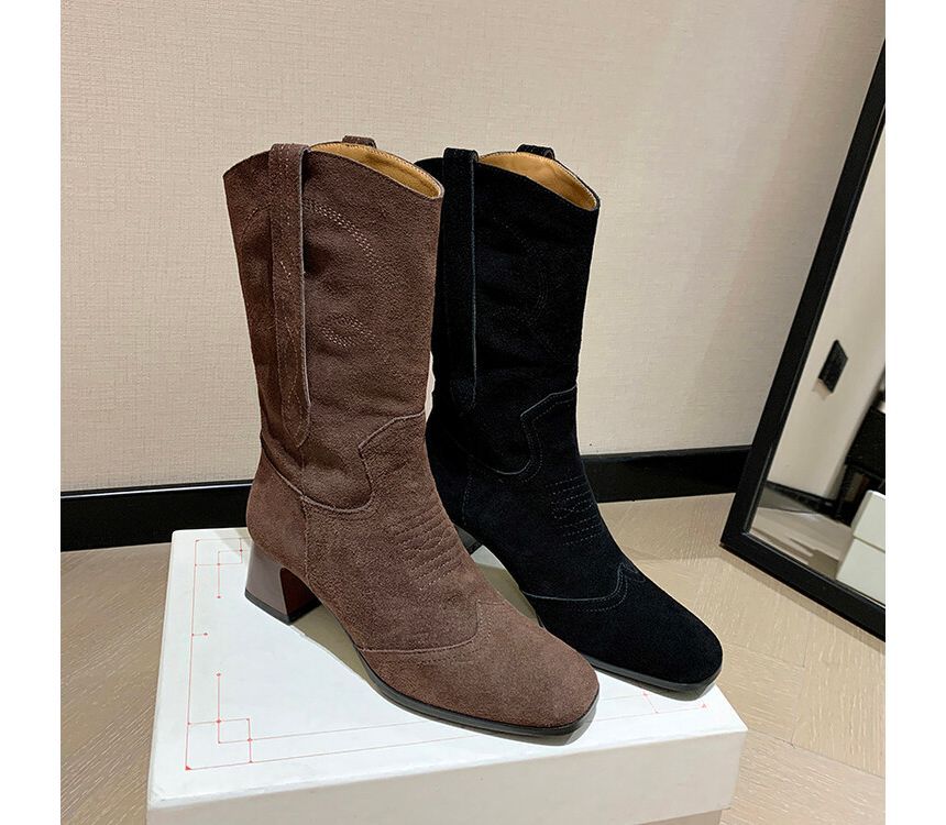 Block Heel Pointed Toe Embroidered Genuine Leather Mid-Calf Boots