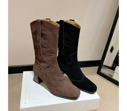 Block Heel Pointed Toe Embroidered Genuine Leather Mid-Calf Boots