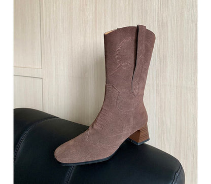 Block Heel Pointed Toe Embroidered Genuine Leather Mid-Calf Boots