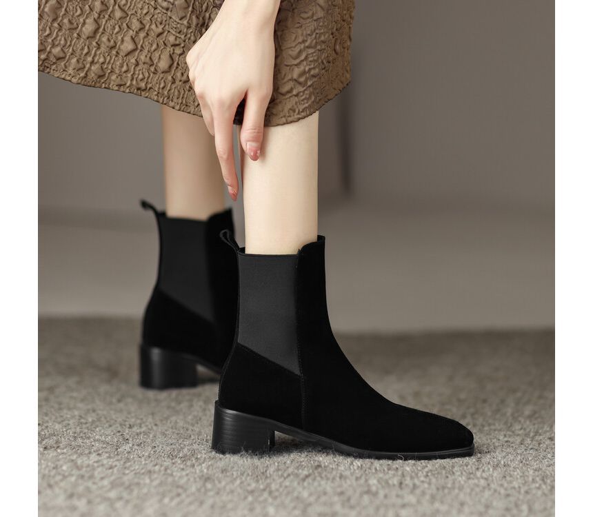 Block Heel Genuine Leather Short Chelsea Boots