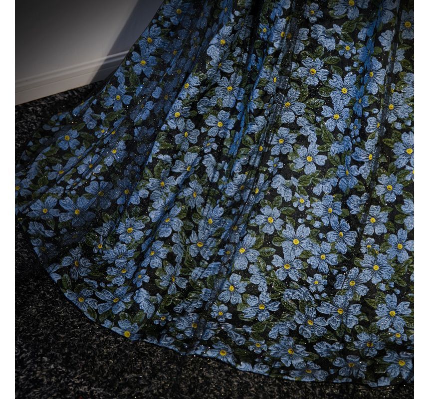 Floral Print Panel Mesh A-Line Tube Evening Gown