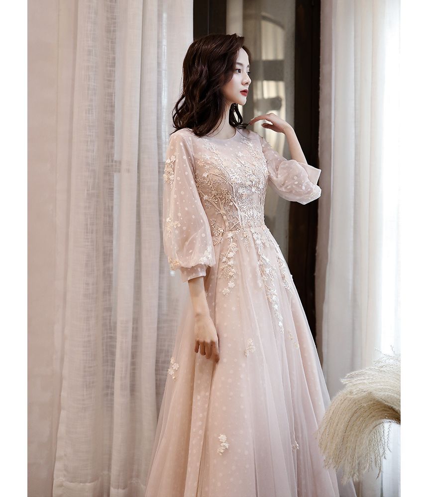 Long-Sleeve Crew Neck Mesh A-Line Evening Gown