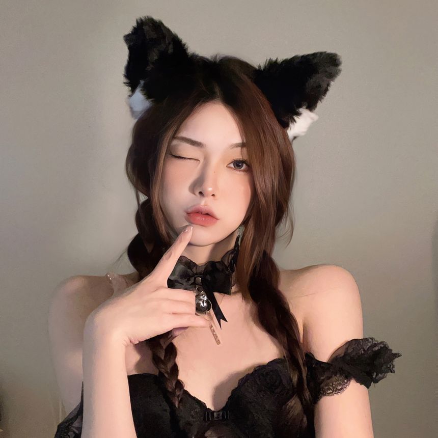 Cat Ear Chenille Headband / Lace Eye Mask / Set