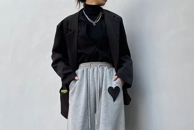 High Waist Heart Print Straight-Fit Sweat Pants