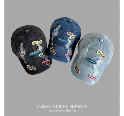 Lettering Applique Distressed Denim Baseball Cap