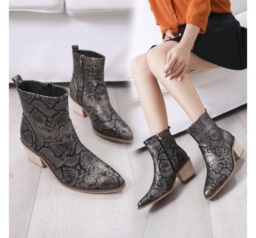 Snakeskin Print Chunky Heel Short Boots