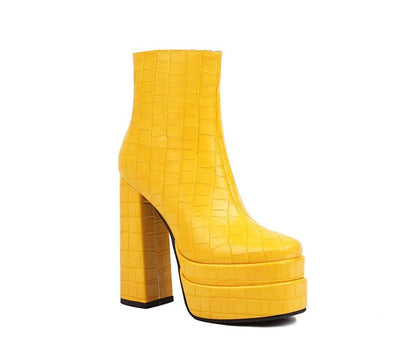 Square Toe Crocodile Grain Platform Block Heel Short Boots