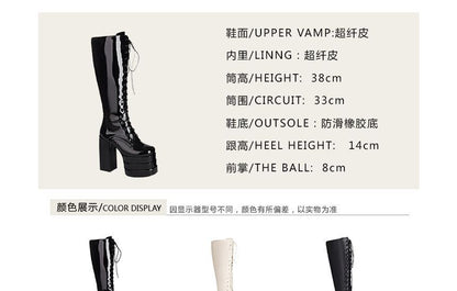 Square Toe Platform Lace Up Block Heel Knee High Boots