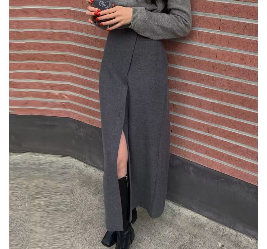 High Rise Plain Asymmetrical Slit Maxi Pencil Skirt