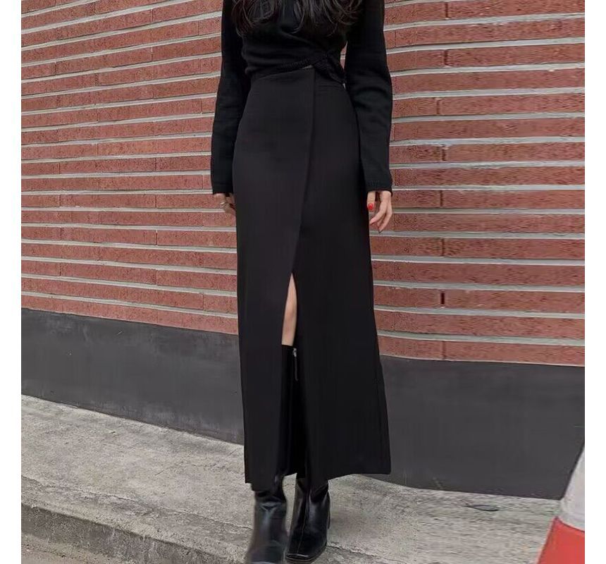 High Rise Plain Asymmetrical Slit Maxi Pencil Skirt