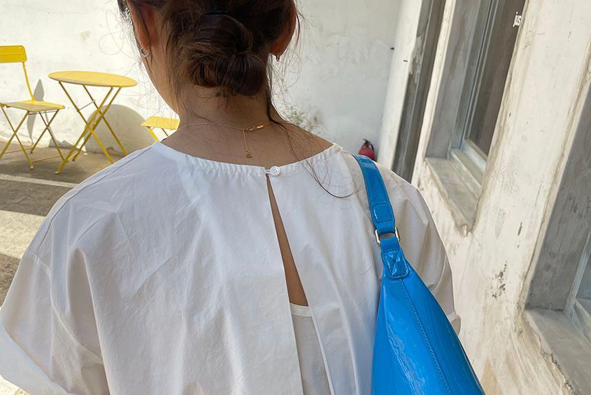 Short-Sleeve Crew Neck Plain Open Back Blouse