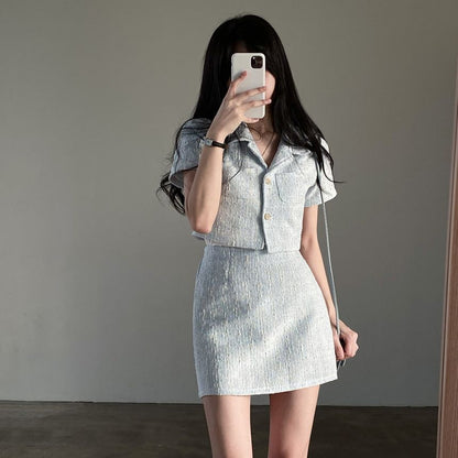 Set: Short-Sleeve Collar Tweed Crop Button-Up Jacket + High Rise Mini A-Line Skirt