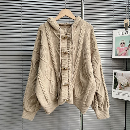 Plain Hooded Cable Knit Toggle Cardigan