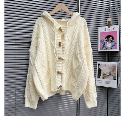 Plain Hooded Cable Knit Toggle Cardigan