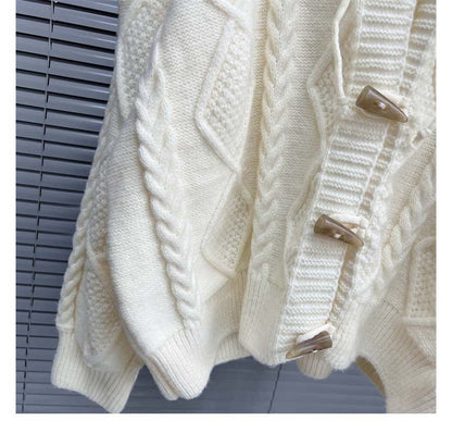 Plain Hooded Cable Knit Toggle Cardigan