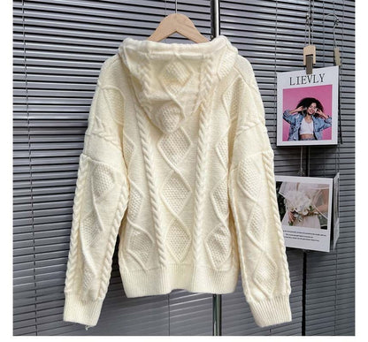 Plain Hooded Cable Knit Toggle Cardigan