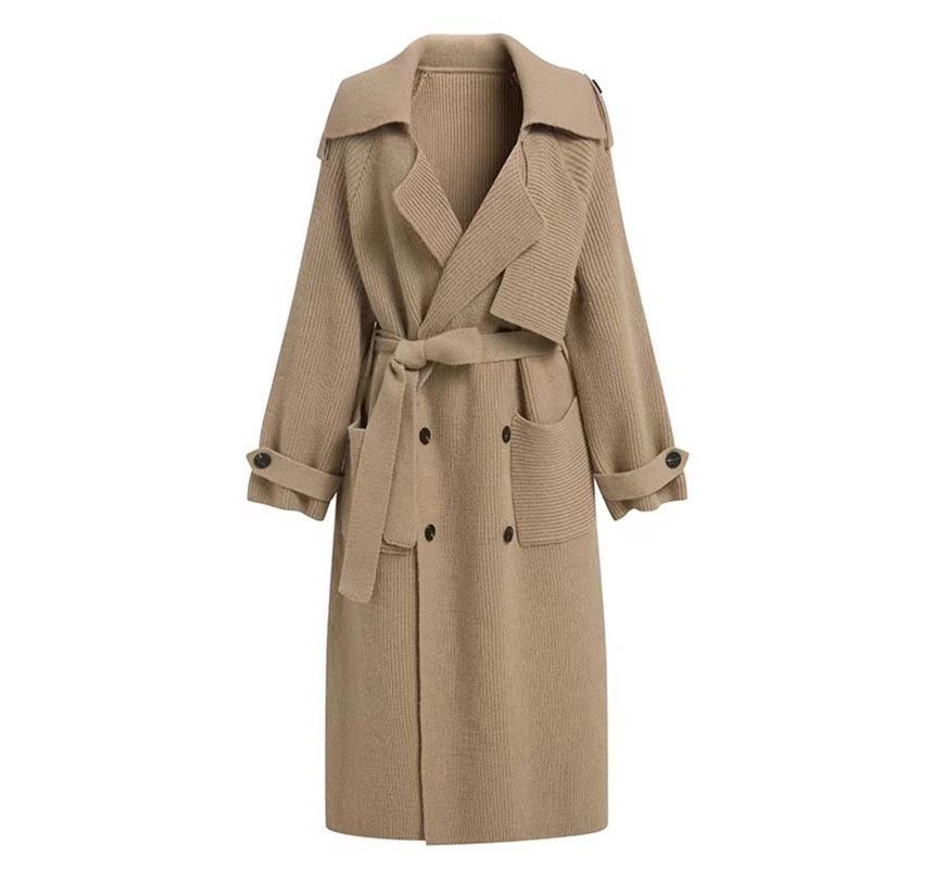 Plain Midi Knit Double-Breasted Trench Coat