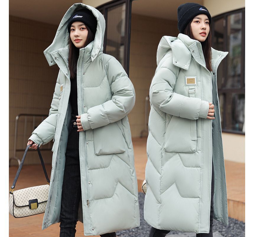 Lettering Applique Hooded Midi Zip Puffer Coat