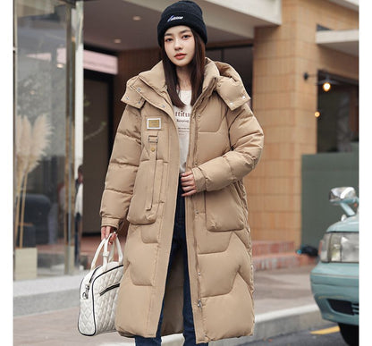 Lettering Applique Hooded Midi Zip Puffer Coat