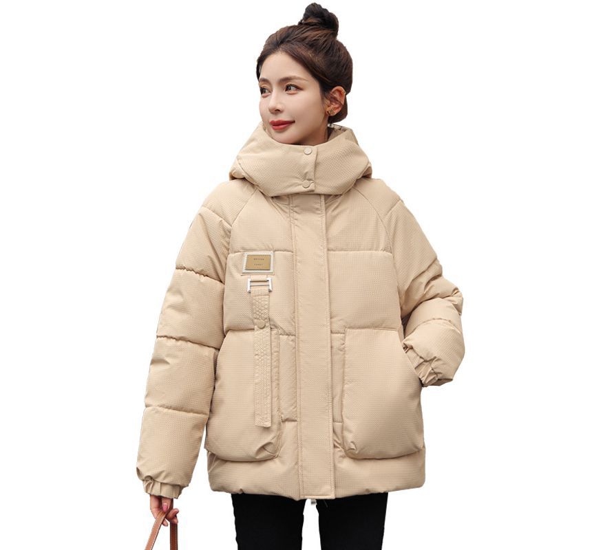 Applique Hooded Zip Puffer Jacket