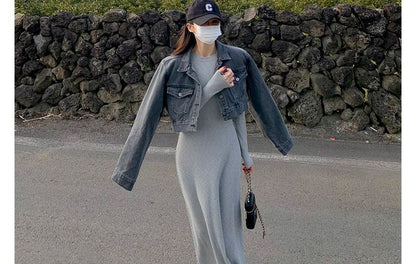 Long-Sleeve Crew Neck Plain Maxi T-Shirt Dress