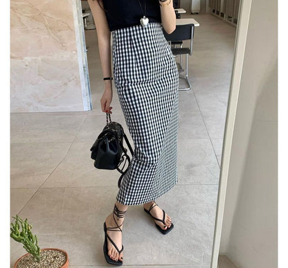 High Waist Gingham Midi Pencil Skirt