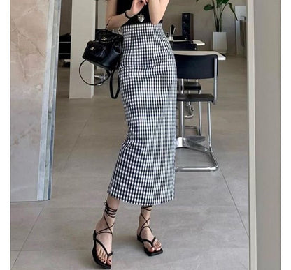 High Waist Gingham Midi Pencil Skirt