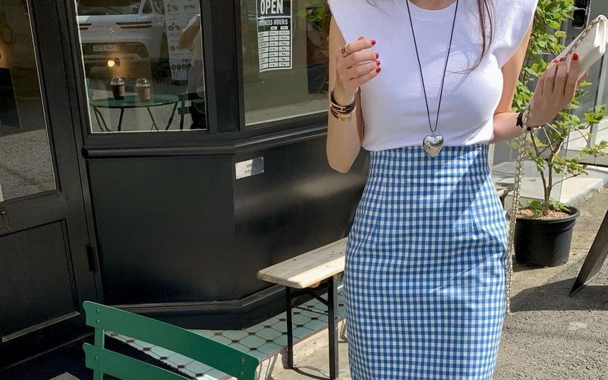 High Waist Gingham Midi Pencil Skirt