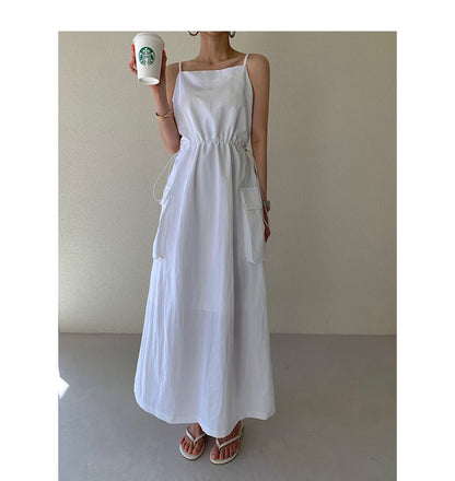 Spaghetti Strap Plain Drawstring Maxi Sundress