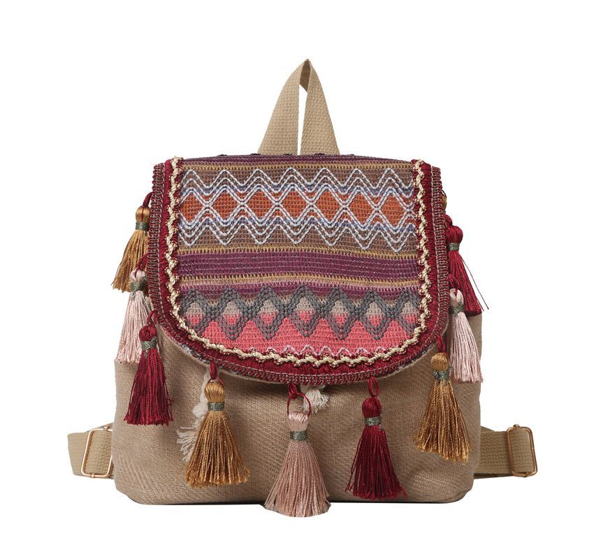 Patterned Tassel Detail Flap Backpack