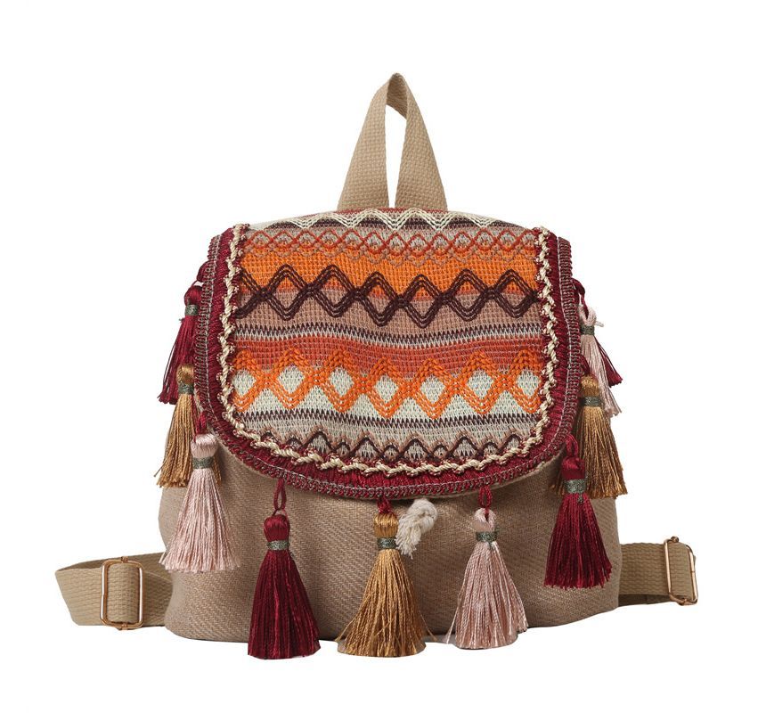 Patterned Tassel Detail Flap Backpack