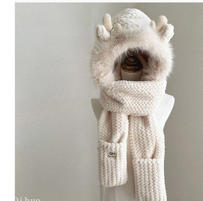 Deer Horn Chenille Knit Hooded Scarf with Mittens