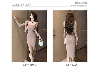 Set: Spaghetti Strap Plain Slit Midi Sheath Dress + Bolero