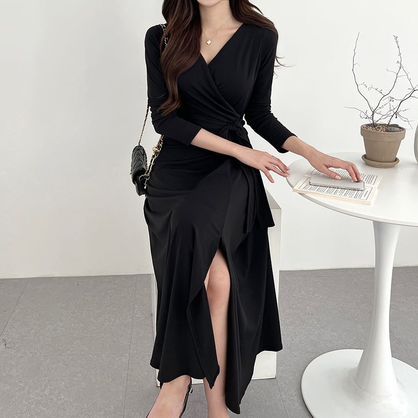 Long-Sleeve V-Neck Plain Wrap Tie-Front Slit Midi A-Line Dress