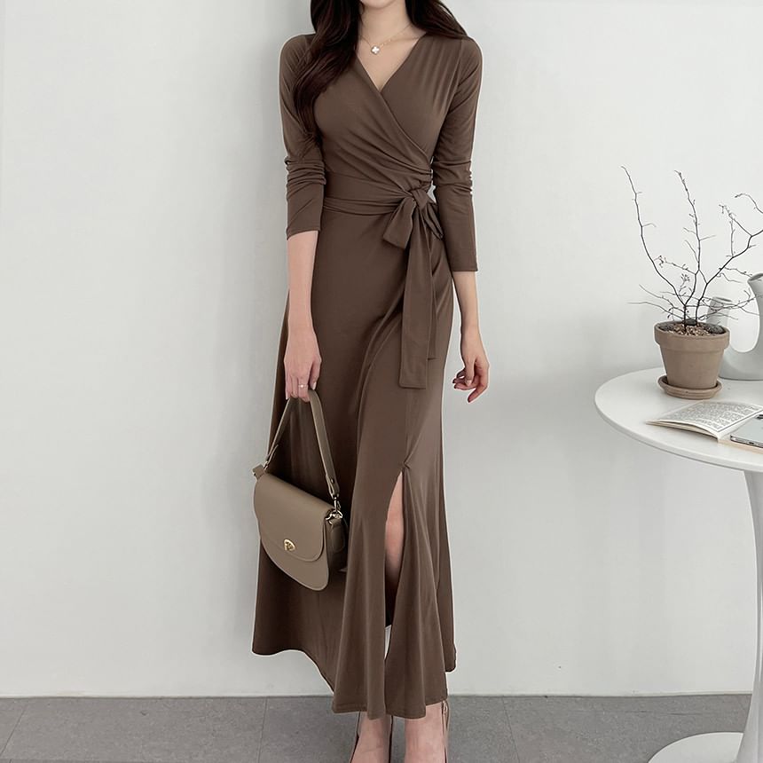 Long-Sleeve V-Neck Plain Wrap Tie-Front Slit Midi A-Line Dress