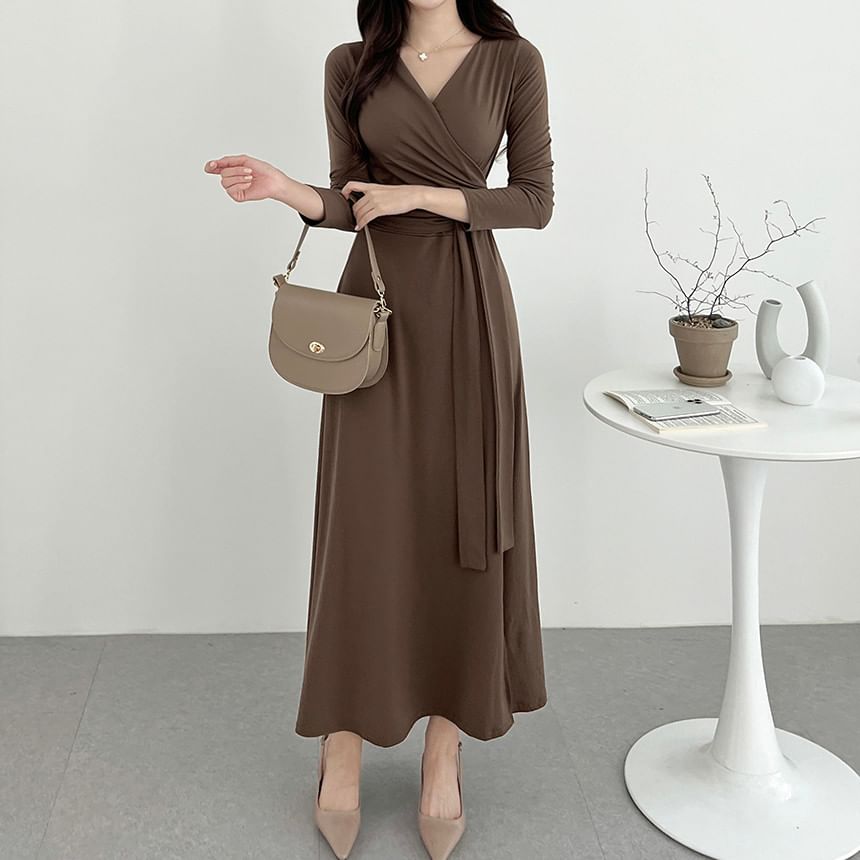 Long-Sleeve V-Neck Plain Wrap Tie-Front Slit Midi A-Line Dress