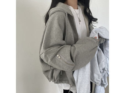 Plain Drawstring Zip Hoodie