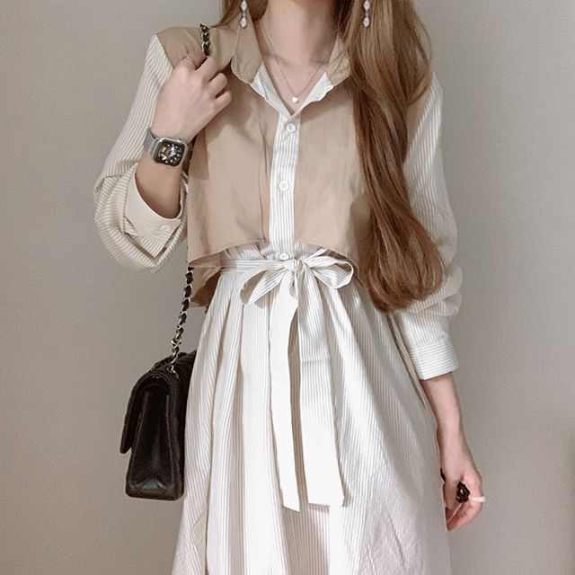 Mock Two-Piece Long-Sleeve Striped A-Line Shirt Dress