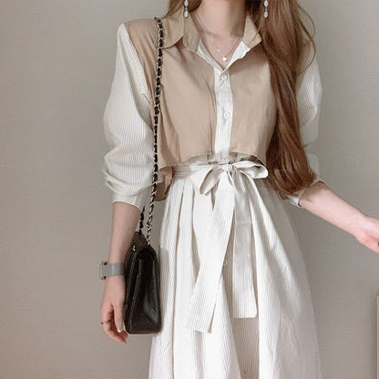 Mock Two-Piece Long-Sleeve Striped A-Line Shirt Dress