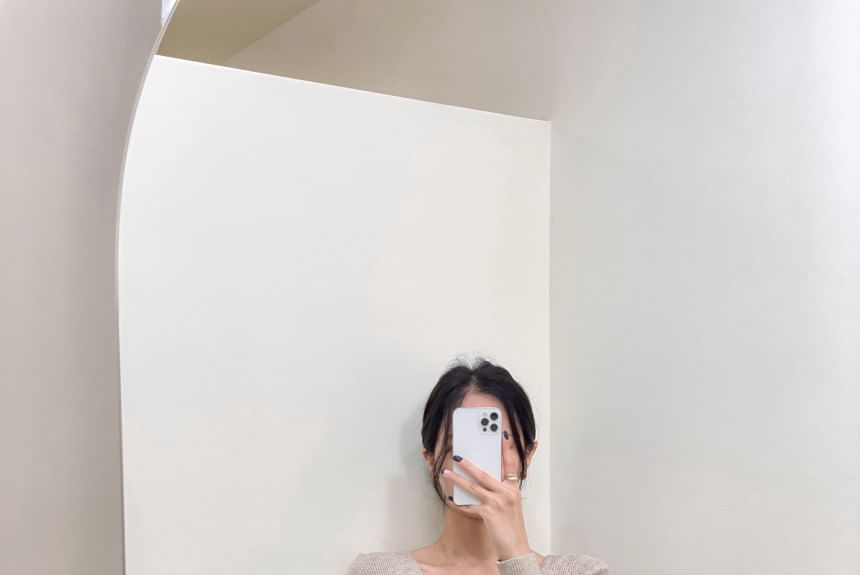 Long-Sleeve Asymmetrical Neckline Button-Up Knit Top